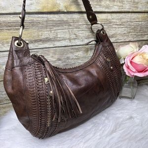 Sondra Roberts Brown Genuine Leather Woven Accent Purse Shoulder Bag Hobo